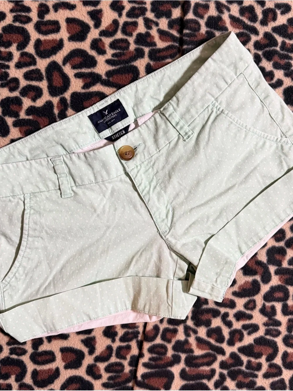 2000s vintage style American Eagle whimsical green polka dot low rise shorts